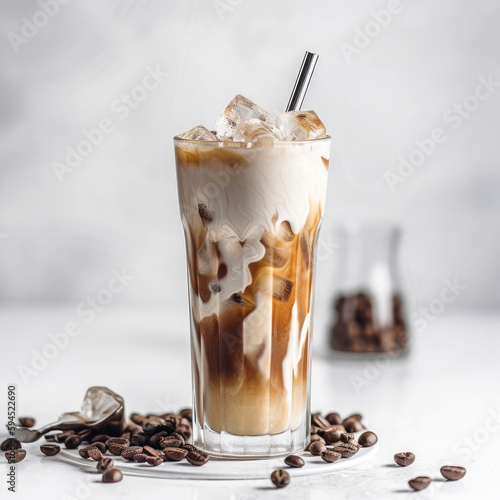 Photo of a cold coffee on a white background is pure elegance, perfectly capturing the clean, refreshing taste of the drink, with a backdrop that radiates sophistication.