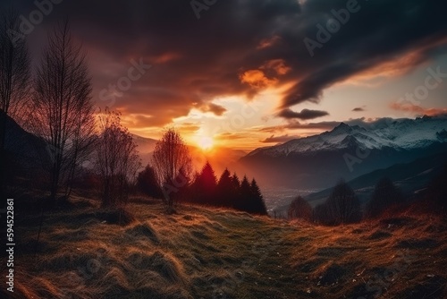 The sunset sky and the mountains in Switzerland. AI generative © SANGHYUN