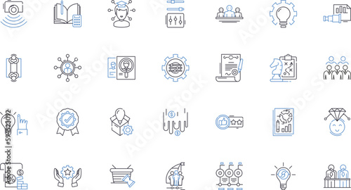 Technique and tactic line icons collection. Strategic, Pragmatic, Innovative, Resourceful, Agile, Analytical, Calculated vector and linear illustration. Systematic,Intuitive,Adaptable outline signs photo