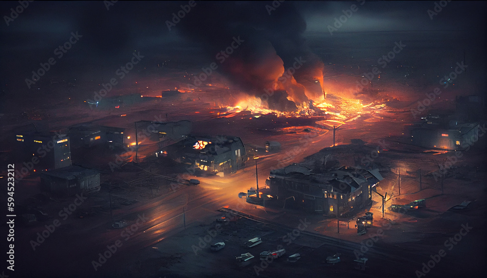 Detailed destruction of fictitious city with fires, explosion, sinkholes, train derailment. Symbolic of war, natural disasters, judgement day, fire, nuclear accident, terrorism, or meteorite fallout.