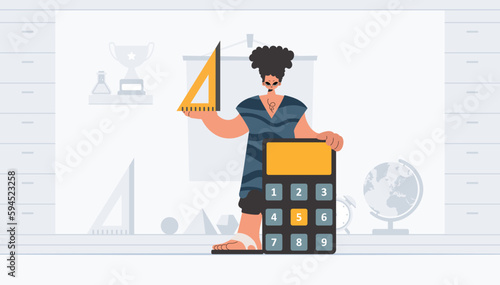 The individual is holding a ruler and a calculator, learning subject. Trendy style, Vector Illustration