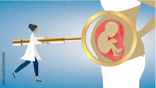 Focus on pregnancy. Woman midwife, doctor, gynecologist with big golden magnifying glass looking at baby in womans belly. Dimension 16:9. Vector illustration.