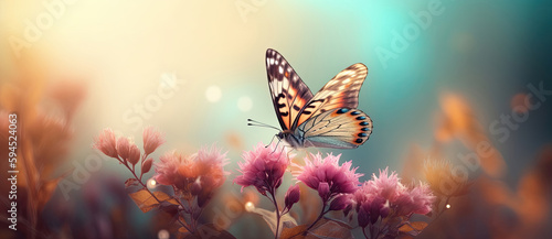 beautiful summer background with butterflies and colorful meadow flowers. spring landscape. bokeh. sunny day. ai