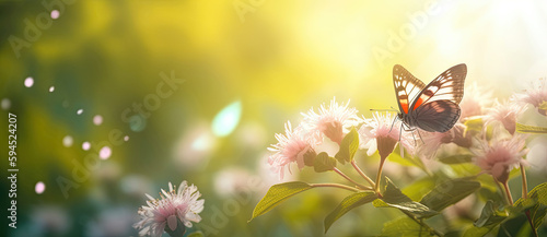 beautiful summer background with butterflies and colorful meadow flowers. spring landscape. bokeh. sunny day. ai