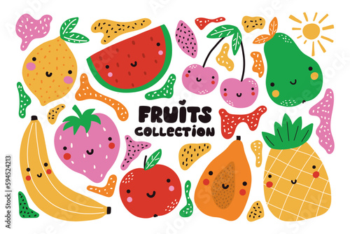 Set of cute fruits with smiles. Bright vegetarian food collection on white background. Colorful vector illustration in cartoon style.