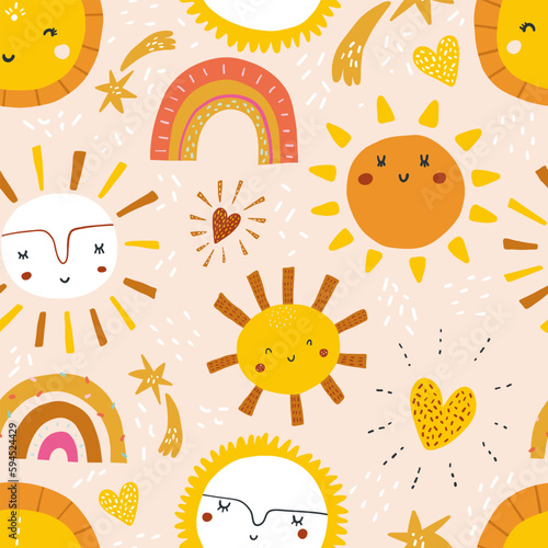Vector hand-drawn color seamless pattern with cute smiling sun. Cute simple print. Childish repeating texture. Ideal for fabric, wallpaper, textiles, baby clothes, wrapping paper.