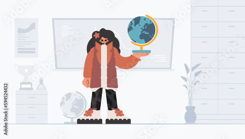 Energized lady holding a colossal globe, learning subject. Trendy style, Vector Illustration