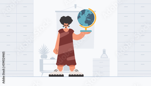 Energized lady holding a colossal globe  learning subject. Trendy style  Vector Illustration