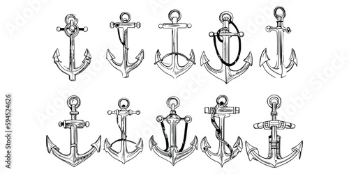 Ten Style Sea anchor Hand drawn vector, line art anchor, 
