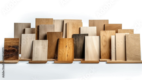 Collection of different wood planks sit in front of wall. Wood samples. Isolated on white background. Generative AI. High quality illustration