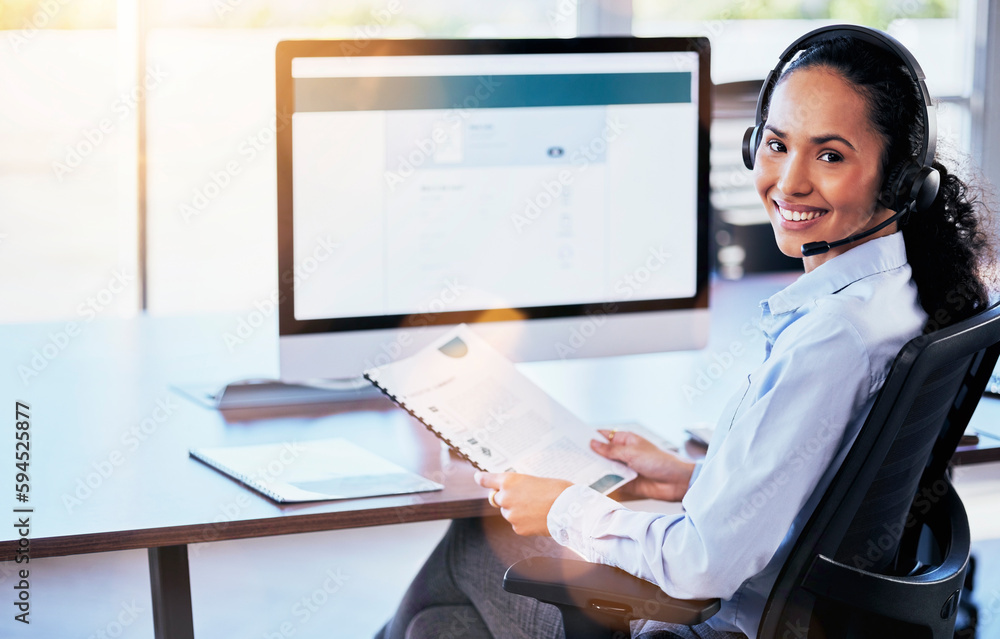 Woman, call center or computer screen in portrait with smile, documents or happy crm, contact us or customer service. Consultant, paperwork or listen to voip for tech support, advice or telemarketing Woman, call center or computer screen in portrait with smile, documents or happy crm, contact us or customer service. Consultant, paperwork or listen to voip for tech support, advice or telemarketing