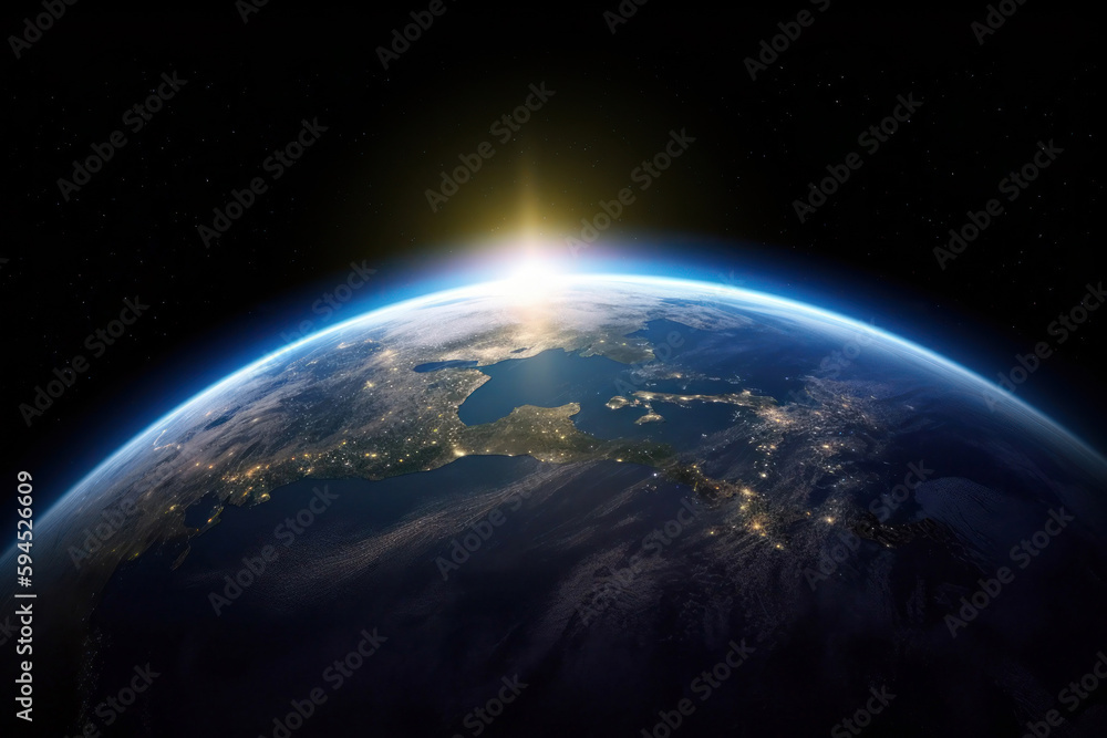 Fototapeta premium Earth and dazzling flares, global image, Generative AI