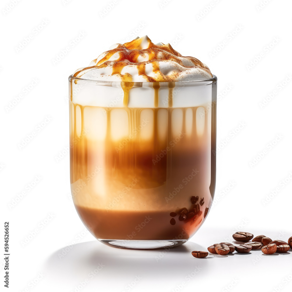 Stunning cinematic shot of a caramel macchiato highlights its creamy foam, caramel drizzle, and