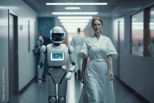 nurse assistant robot which simulates a world in the future where humans live together with robots In the background of people walking on missions in the hallway of a hospital with people. photo