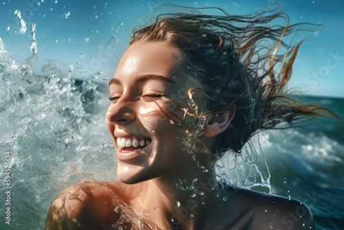 A woman playing in the summer sea and water splashes, Generative AI