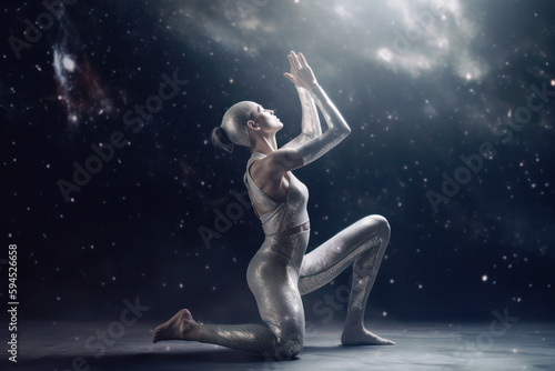 Woman doing yoga, cosmic energy background, Generative AI