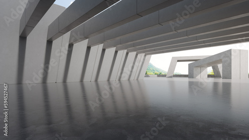 Abstract architecture design of modern building. Empty parking area floor and concrete wall with mountain and blue sky view. 3D rendering background image for car scene.