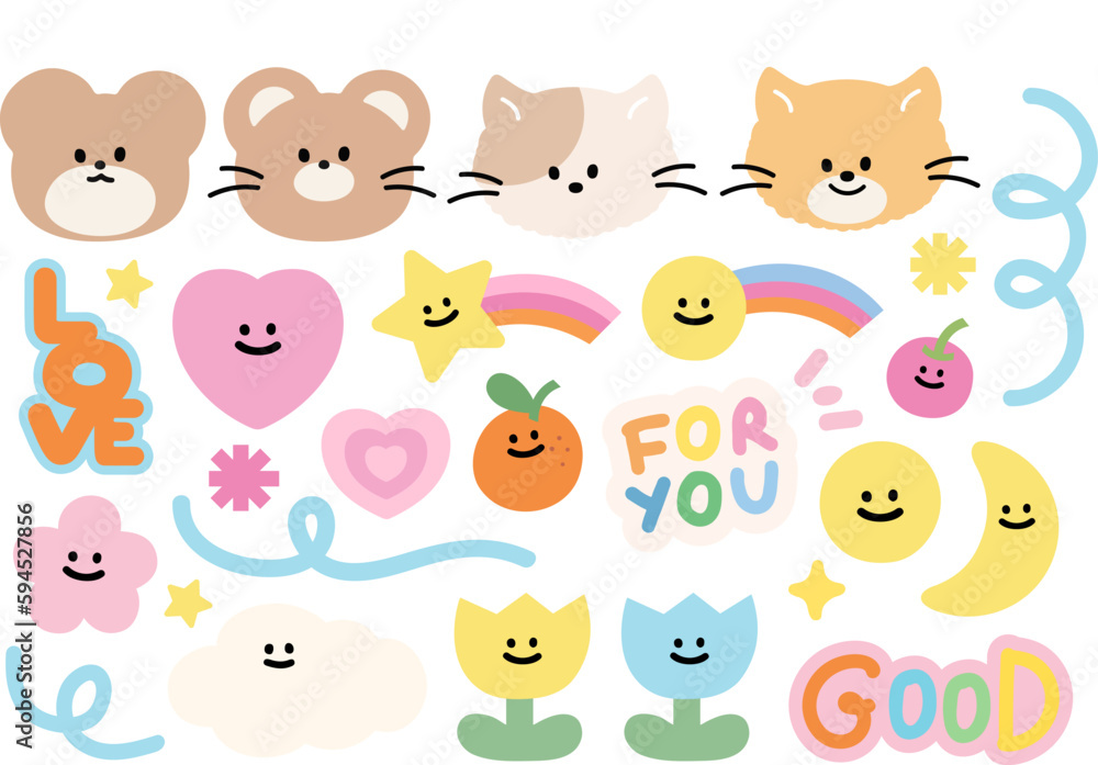 Cute and happy icons including animals, heart, star, flowers, smiley, fruits and abstract shapes. For decorations, stickers, banners, fabric print, posters, social media and many more!