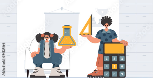 Individual and enthusiastic woman school understudies, analyzing to begin with school subjects. Trendy style, Vector Illustration