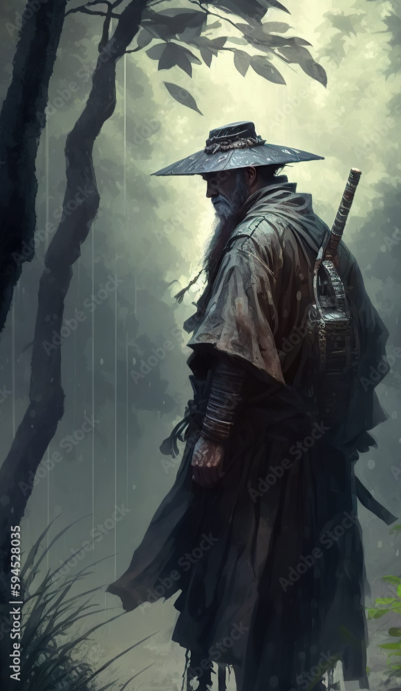 Japanese samurai warrior in traditional Asian armor with a katana sword in forest in rain. Generative AI illustration Japanese samurai warrior in traditional Asian armor with a katana sword in forest in rain. Generative AI illustration