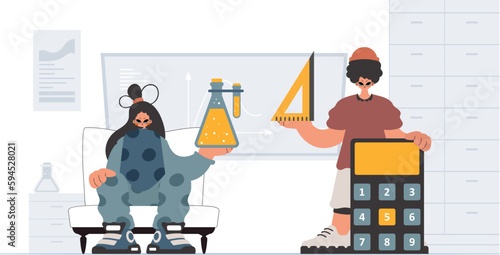 Person and enthusiastic lady school understudies, analyzing to start with school subjects. Trendy style, Vector Illustration