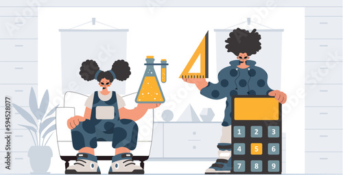 Person and enthusiastic lady school understudies, analyzing to start with school subjects. Trendy style, Vector Illustration