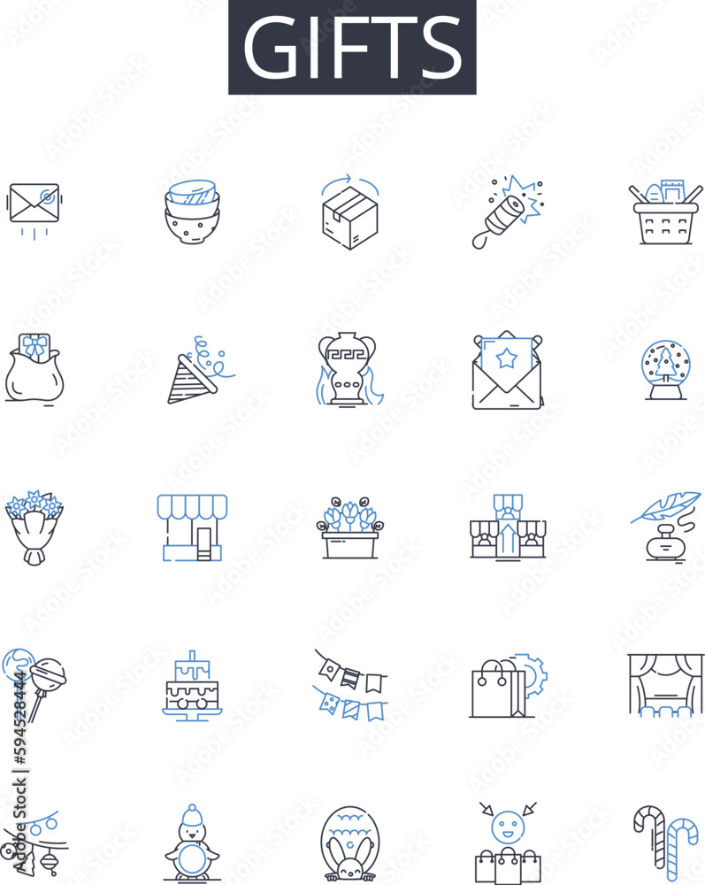 Gifts line icons collection. Presents, Souvenirs, Prizes, Rewards, Presents, Gift cards, Keepsakes vector and linear illustration. Offerings,Tokens,Treasures outline signs set