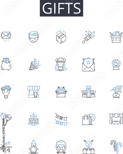 Gifts line icons collection. Presents, Souvenirs, Prizes, Rewards, Presents, Gift cards, Keepsakes vector and linear illustration. Offerings,Tokens,Treasures outline signs set