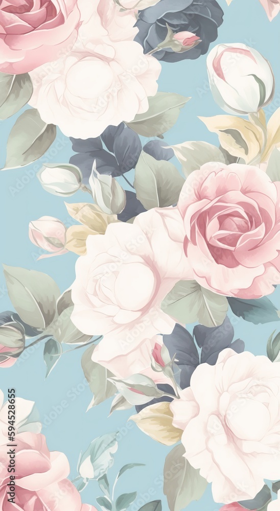 Floral arrangement in pastel colors watercolor painting with pink white roses and leaves on blue background for textile greeting cards wedding invitation