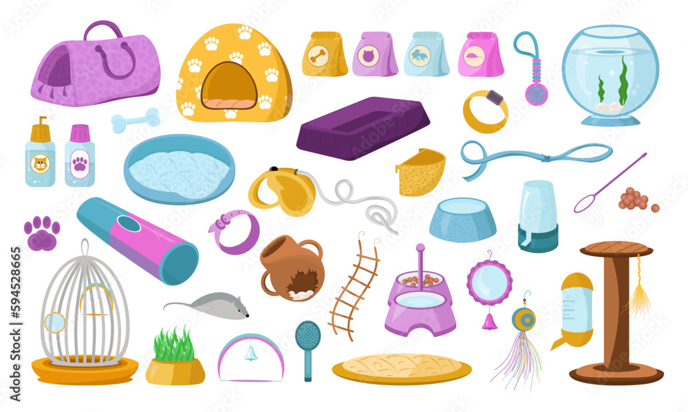 Pet store. Accessories for pets. Vector set in cartoon style Pet store. Accessories for pets. Vector set in cartoon style