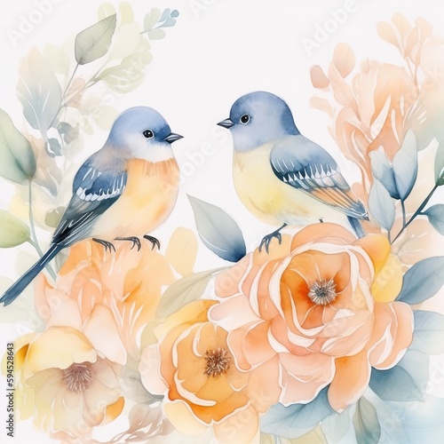 Watercolor painting two cute birds sitting on branch with beautiful buds flowers design for greeting cards wedding invitations romantic events © Iaroslav Lazunov