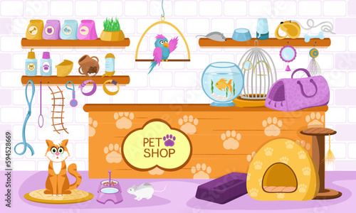 Pet store. Sale of accessories for pets. Vector illustration in cartoon style