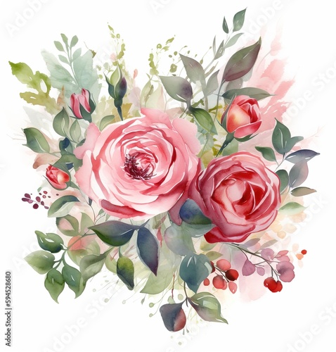 Watercolor bouquet of pink rose buds with green leaves and berries illustration for greeting cards wedding invitations romantic events