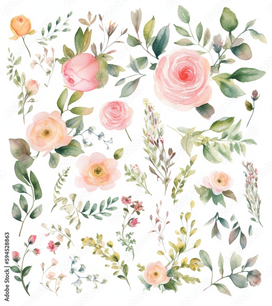 Composition with floral print decorative hand drawn plants pink roses wild flowers leaves on white background elements for greeting cards wedding invitations romantic events, textile