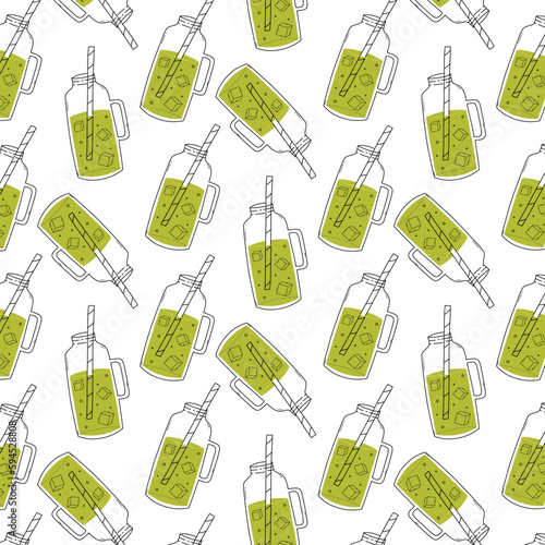 Seamless pattern with a bottle of smoothie in doodle style. Vector illustration. Print with smoothie, lemonade or cocktail.