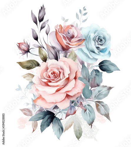 Flower composition in pastel colors blue and pink roses with green leaves design bouquet for greeting cards wedding invitations romantic events postcard valentines day