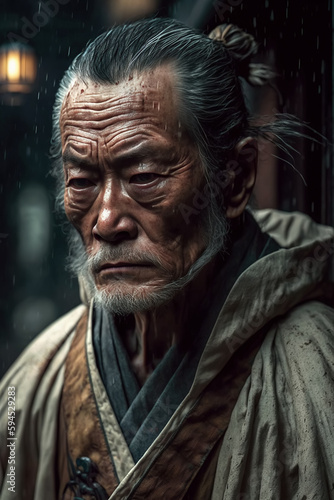 portrait of old Japanese samurai warrior in traditional Asian kimono in city in rain. Generative AI