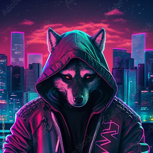 Wolf with a futuristic cityscape behind - ai generated photo