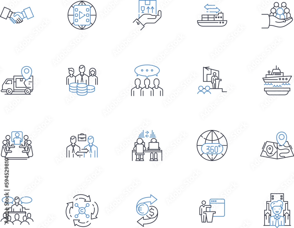 Global enterprise line icons collection. Interconnected, Multinational, Diverse, Borderless, Collaborative, Expansive, Integrated vector and linear illustration. Technological,Innovative,Strategic