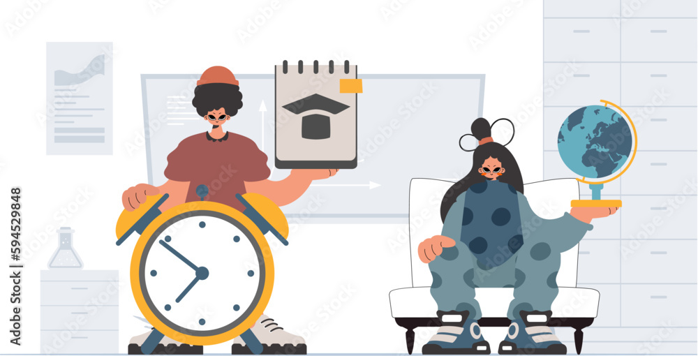 Obraz premium Individual and energized woman school understudies, analyzing to begin with school subjects. Trendy style, Vector Illustration