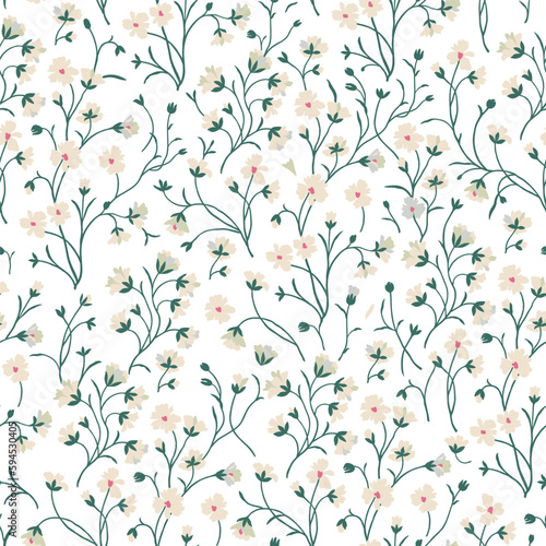 Spring floral pattern of white flowers with green stems on a white background.