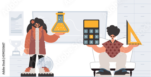 Person and energized lady school understudies, analyzing to start with school subjects. Trendy style, Vector Illustration