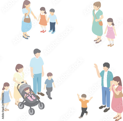アイソメトリック　家族　ファミリー　人物　男性　女性　カップル　キッズ　ベビーカー　イラストセット