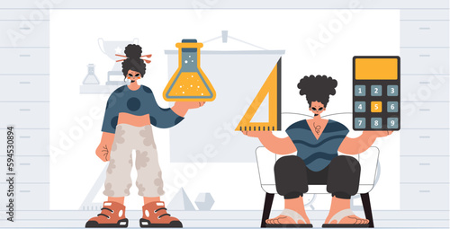 Individual and enthusiastic woman school instructs, considering foremost school subjects. Trendy style, Vector Illustration