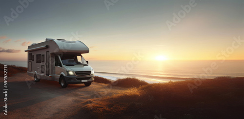 Photo Camper van motorhome at sunset with sea at background, travel, tourism concept
