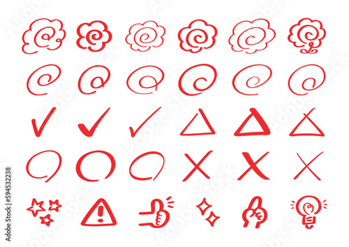 Test scoring red pen icon set used by the teacher／先生のテスト採点赤ペンアイコンセット