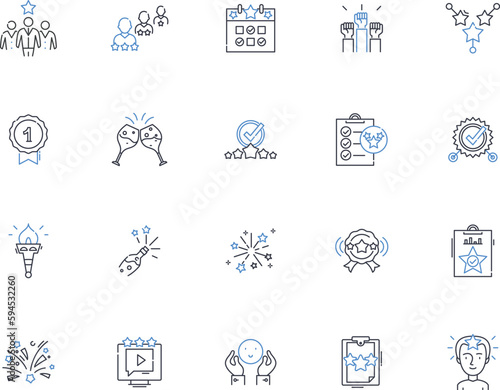 Satisfying accomplishment line icons collection. Triumph, Victory, Success, Fulfillment, Achievement, Accomplishment, Completion vector and linear illustration. Gratification,Contentment,Perseverance