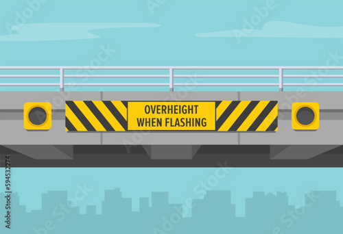 Close-up of a low bridge or overpass with obstruction and hazard marker. Overheight with amber flashers. Flat vector illustration template.