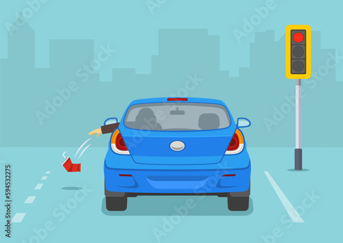 Back view of stopped car at traffic light. Driver throws out a used plastic cup on the ground from the front open window. Isolated flat vector illustration template.