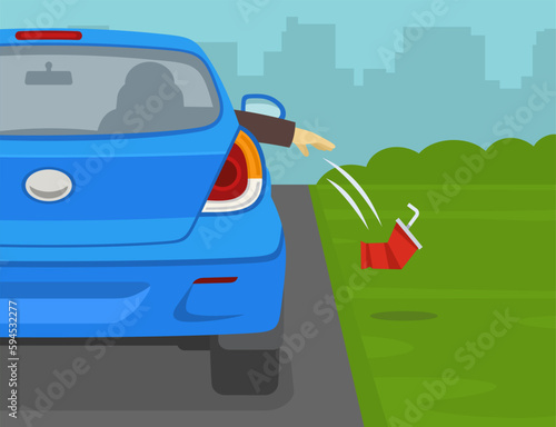 Close-up back view of car passenger throws out a used plastic cup on the ground from the front open window. Flat vector illustration template.